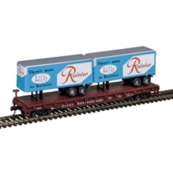 N TRAINMAN 50' FLAT CAR W/2 TRAILERS RAINIER / GN #60202 - 1 pc left