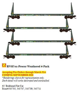 Z SCALE BNSF EX PROCOR BULKHEAD WEATHERED 4 PACK - 1 PC LEFT