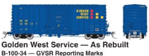 HO PC&F B-100-34 Boxcar: Golden West Service (GVSR): 3-Pack