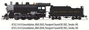 8732 2-8-0 Consolidation, B&O 2835, Paragon4 Sound/DC/DCC, Smoke, HO