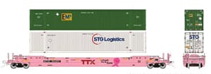 HO 53' Husky-Stack well car + containers: TTX "On Track for a Cure": #475412