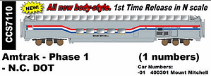 AMTRAK PHASE 1 N.C. DOT PASSENGER CAR - 1 # AVAILABLE