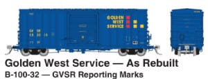 HO PC&F B-100-32 Boxcar: Golden West Service (GVSR): 3-Pack