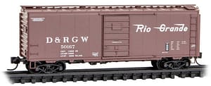 DENVER RIO GRANDE 40FT BOXCAR WITH BETTENDORF TRUCKS RD# 50167