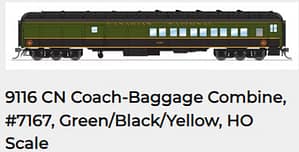CN Coach-Baggage Combine, #7167, Green/Black/Yellow, HO Scale