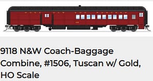 N&W Coach-Baggage Combine, #1506, Tuscan w/ Gold, HO Scale