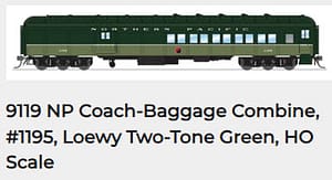 NP Coach-Baggage Combine, #1195, Loewy Two-Tone Green, HO Scale