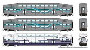 HO BiLevel Commuter Car: Metrolink - Ribbon: Set #1 (Cab: 632 Coaches: 101, 136)