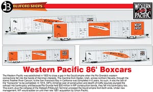 SPECIAL RUN BLUFORD SHOPS WESTERN PACIFIC FEATHER 86FT QUAD DOOR BOX CAR 2 PACK