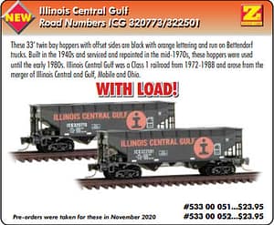 Z SCALE ILLINOIS CENTRAL GULF 33FT TWIN BAY HOPPER RD# 320773