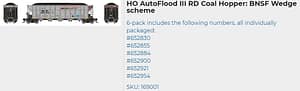 BNSF WEDGE AUTOFLOOD III RD COAL HOPPER 6 PACK