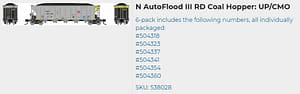 UP/CMO AUTOFLOOD III COAL HOPPER 6 PK
