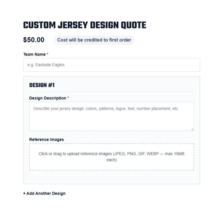 Custom Jersey Design Quote checkout form with Team Name, Design Description, and Reference Images upload field, $50 fee credited to first order